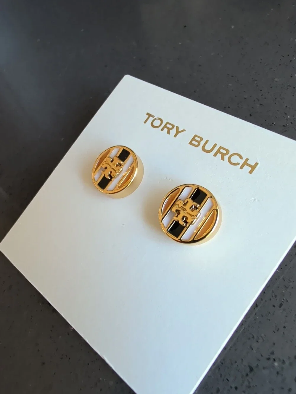 Tory Burch Black White & Gold Stud Earrings Pierced Logo NEW - W50